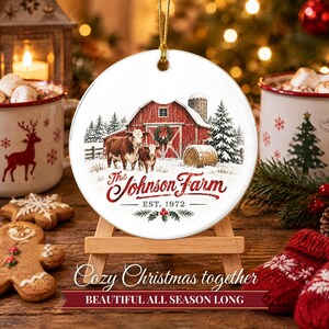Farm Ornament Christmas 2026, Red Barn Family Name Est Keepsake, Farmhouse Cows Hay Bale Country Decor, Farmer Gift Ceramic Ornament image 8