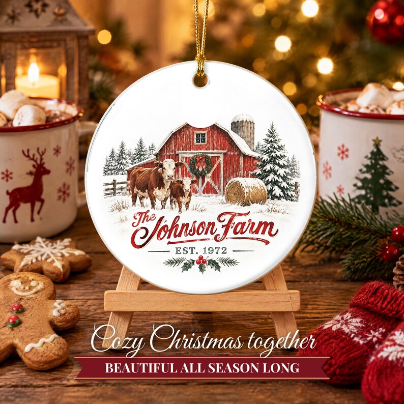 Farm Ornament Christmas 2026, Red Barn Family Name Est Keepsake, Farmhouse Cows Hay Bale Country Decor, Farmer Gift Ceramic Ornament image 8