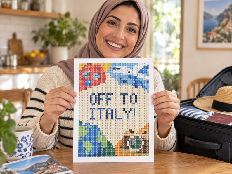 May include: A rectangular diamond painting craft project featuring the text OFF TO ITALY! in dark blue letters. The design includes colorful pixelated illustrations of a red car, a blue airplane, a globe, and a camera on a light background.