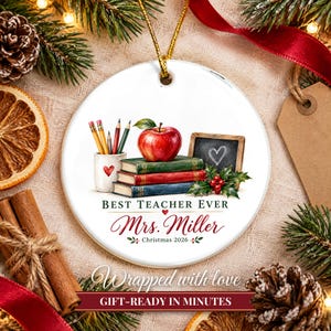Teacher Ornament 2026, Best Teacher Ever Christmas Keepsake with Name, Apple and Books, Appreciation Gift from Student image 10