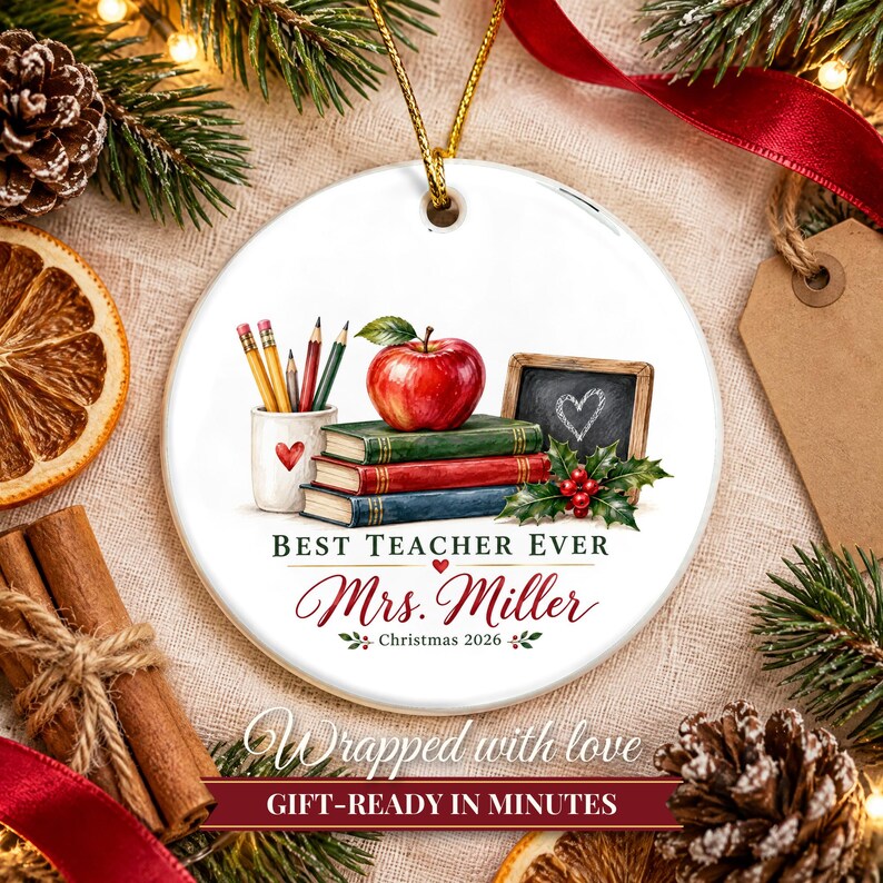 Teacher Ornament 2026, Best Teacher Ever Christmas Keepsake with Name, Apple and Books, Appreciation Gift from Student image 10