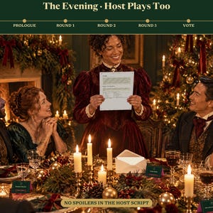 May include: A group of people gathered around a dining table decorated with candles and greenery. A person in a dark red dress stands in the centre holding a white paper script. The text at the top reads The Evening Host Plays Too.