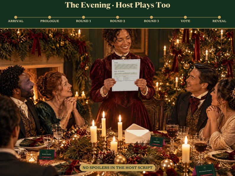 May include: A group of people gathered around a dining table decorated with candles and greenery. A person in a dark red dress stands in the centre holding a white paper script. The text at the top reads The Evening Host Plays Too.