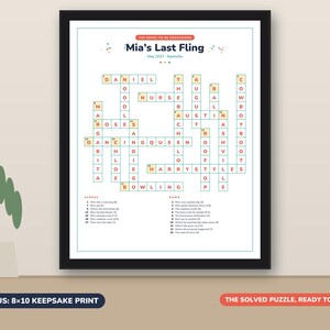 May include: A framed crossword puzzle print titled Mia's Last Fling May 2027 Nashville. The puzzle features clues for across and down categories with answers like Daniel, Nurse, Austin, Dancing Queen, Harry Styles, and Bowling in a grid format.