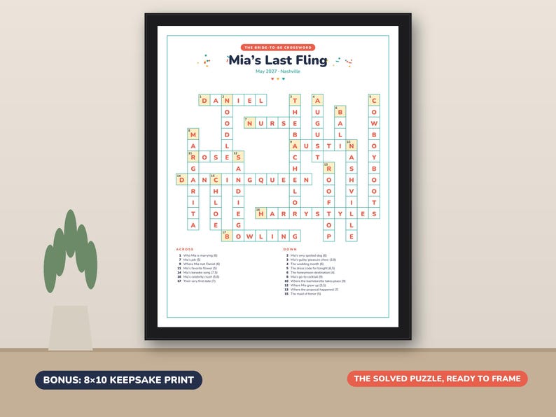 May include: A framed crossword puzzle print titled Mia's Last Fling May 2027 Nashville. The puzzle features clues for across and down categories with answers like Daniel, Nurse, Austin, Dancing Queen, Harry Styles, and Bowling in a grid format.