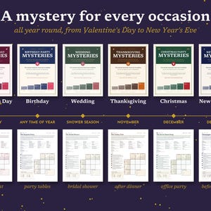 May include: A collection of six mystery game sets for various occasions, including Valentine's Day, birthdays, weddings, Thanksgiving, Christmas, and New Year's Eve. Each set features a title card and a corresponding game sheet with grids.