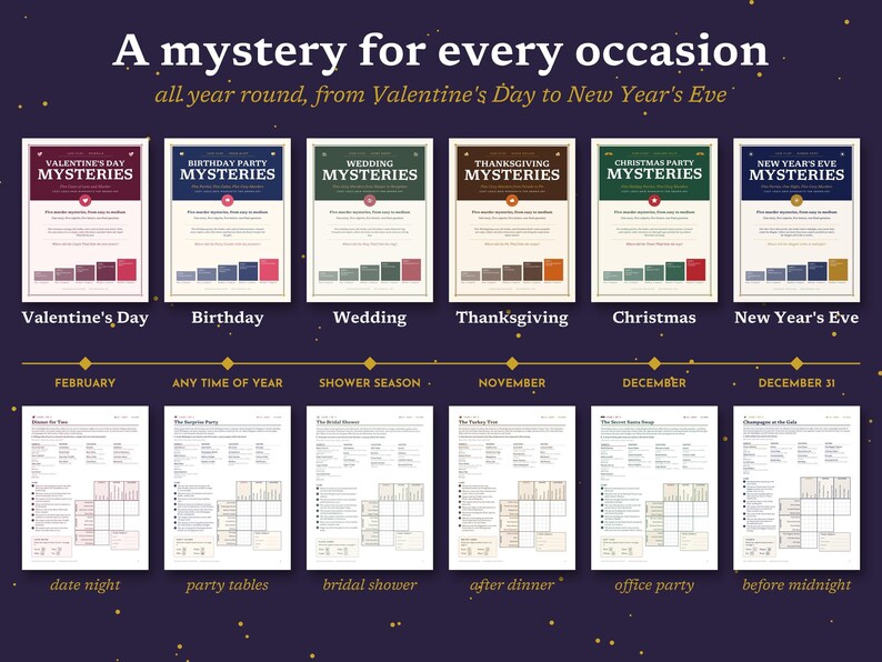 May include: A collection of six mystery game sets for various occasions, including Valentine's Day, birthdays, weddings, Thanksgiving, Christmas, and New Year's Eve. Each set features a title card and a corresponding game sheet with grids.