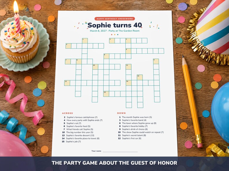 Puede incluir: Una hoja de papel blanca con un crucigrama de feliz cumplea&ntilde;os titulado Sophie turns 40, fechado el 8 de marzo de 2027, con pistas numeradas para las categor&iacute;as horizontal y vertical, una l&iacute;nea para un nombre y una cuadr&iacute;cula de casillas vac&iacute;as.