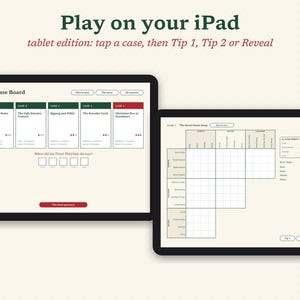 May include: Two digital tablet screens displaying a mystery game interface. The left screen shows The Case Board with five selectable cases. The right screen displays a logic grid puzzle with categories for suspects, arrival times, and locations.