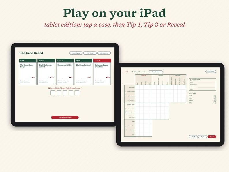 May include: Two digital tablet screens displaying a mystery game interface. The left screen shows The Case Board with five selectable cases. The right screen displays a logic grid puzzle with categories for suspects, arrival times, and locations.