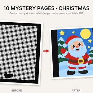 May include: A set of 10 printable Christmas mystery pages featuring a dot-to-dot activity. The before image shows a black grid of numbered dots, and the after image displays a colorful illustration of Santa Claus in a snowy landscape with a moon.