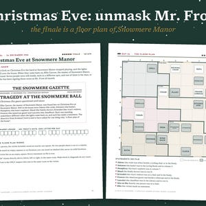 May include: Two white pages titled Christmas Eve at Snowmere Manor and The Floor Plan. The left page features a newspaper clipping titled Tragedy at the Snowmere Ball and game instructions. The right page displays a grid-based floor plan of a manor.