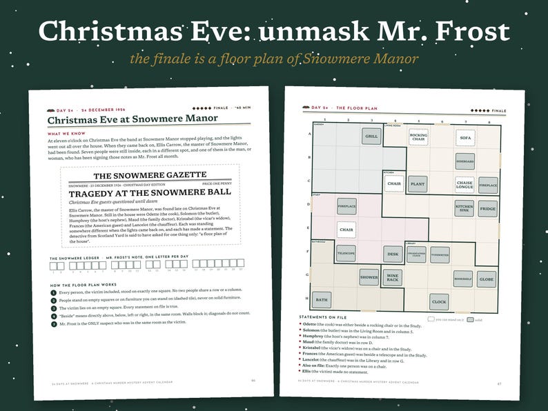 May include: Two white pages titled Christmas Eve at Snowmere Manor and The Floor Plan. The left page features a newspaper clipping titled Tragedy at the Snowmere Ball and game instructions. The right page displays a grid-based floor plan of a manor.