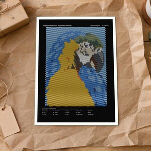 May include: A rectangular print featuring a mosaic-style portrait composed of 4212 hexagons in 18 colors. The image displays a figure in a yellow garment against a blue background. Text at the top reads MYSTERY PORTRAIT FOR KNIT HUMANS.