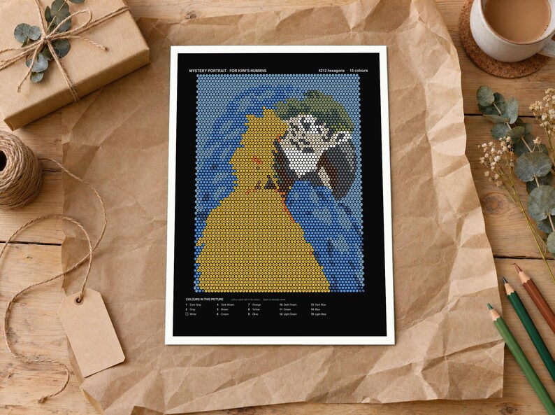 May include: A rectangular print featuring a mosaic-style portrait composed of 4212 hexagons in 18 colors. The image displays a figure in a yellow garment against a blue background. Text at the top reads MYSTERY PORTRAIT FOR KNIT HUMANS.