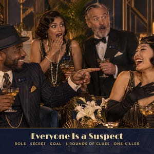 May include: A group of four people in 1920s-style formal attire holding cocktail glasses. The text at the bottom reads: Everyone Is a Suspect. ROLE &middot; SECRET &middot; GOAL &middot; 3 ROUNDS OF CLUES &middot; ONE KILLER. The scene features a man in a fedora and suit.
