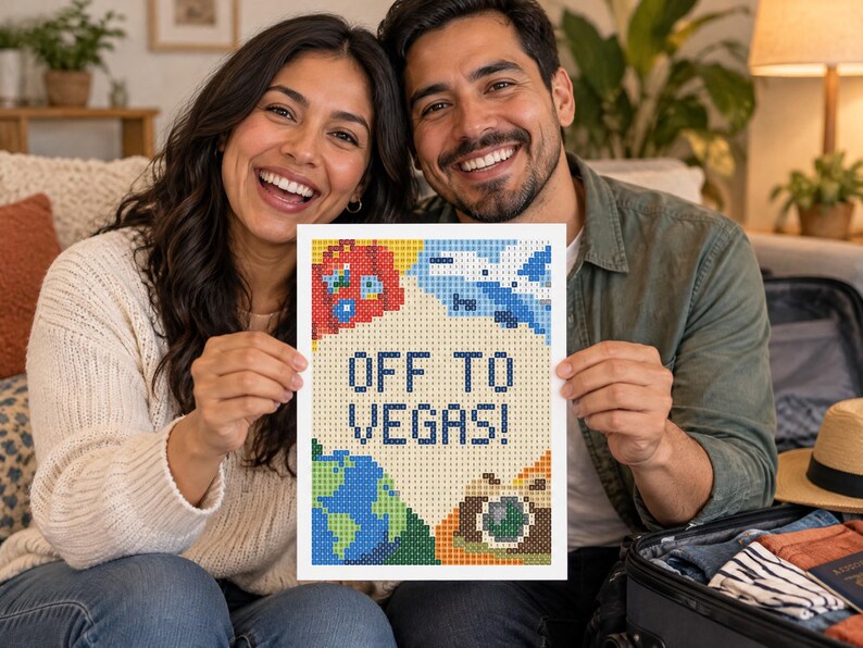 May include: A rectangular diamond painting craft project featuring a pixelated design with the text OFF TO VEGAS! in dark blue. The artwork includes colorful icons of a red suitcase, a blue airplane, a globe, and a camera on a light background.