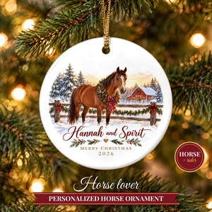 Horse Ornament Christmas 2026, Horse Lover Gift for Girls, Equestrian Name Keepsake, Snowy Barn Country Ceramic Tree Decor for Rider image 1
