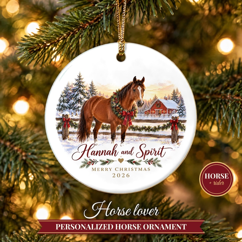 Horse Ornament Christmas 2026, Horse Lover Gift for Girls, Equestrian Name Keepsake, Snowy Barn Country Ceramic Tree Decor for Rider image 1