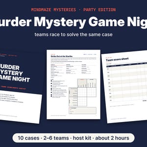 May include: A Mindmaze Mysteries Party Edition murder mystery game night kit featuring a dark blue cover sheet, a white case file titled Strike Out at the Starlite with clues and a grid, and a white team score sheet with columns for team names.