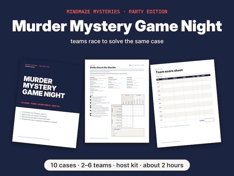 May include: A Mindmaze Mysteries Party Edition murder mystery game night kit featuring a dark blue cover sheet, a white case file titled Strike Out at the Starlite with clues and a grid, and a white team score sheet with columns for team names.