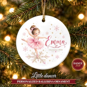Ballerina Ornament Christmas 2026, Ballet Gift for Girls, Dancer Name Keepsake, Pink Tutu Snowflake Dance Recital Ceramic Tree Ornament image 1