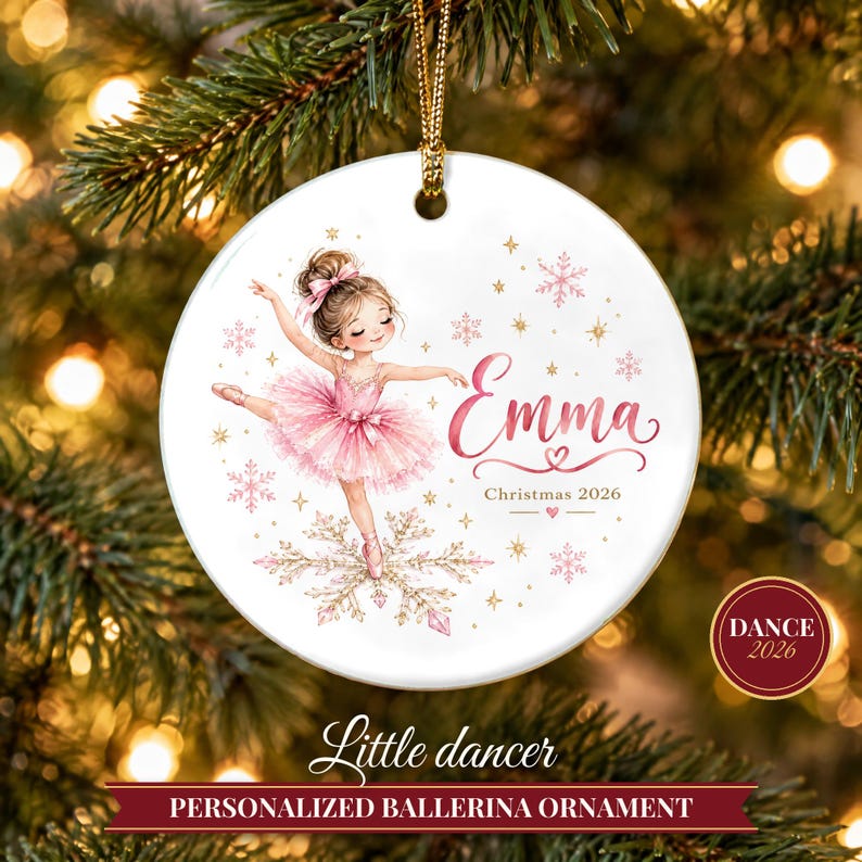 Ballerina Ornament Christmas 2026, Ballet Gift for Girls, Dancer Name Keepsake, Pink Tutu Snowflake Dance Recital Ceramic Tree Ornament image 1