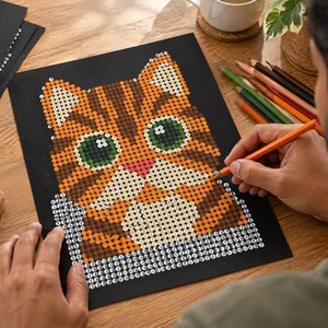 May include: A diamond painting kit featuring a tabby cat design on a black background. The image shows a partially completed mosaic of a cat face with orange, brown, and white circular gems, large green eyes, and a pink nose on a black adhesive sheet.