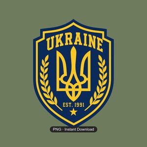 May include: A shield-shaped emblem featuring a dark blue background with a yellow border. The word UKRAINE is arched at the top in yellow, with a yellow trident symbol in the center, flanked by wheat stalks, and the text EST. 1991 above a small star.