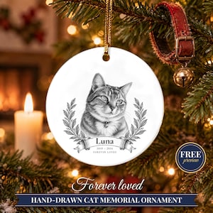 Custom Cat Memorial Ornament from Photo, Vintage Cat Portrait, Forever Loved, Pet Loss Gift, Cat Loss Gift, Cat Remembrance Keepsake image 1