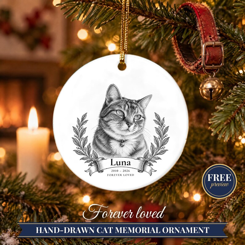 Custom Cat Memorial Ornament from Photo, Vintage Cat Portrait, Forever Loved, Pet Loss Gift, Cat Loss Gift, Cat Remembrance Keepsake image 1