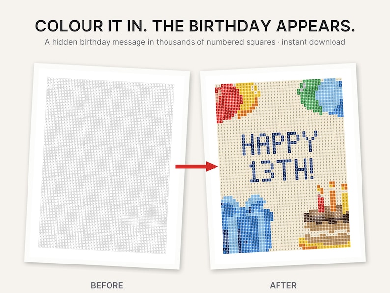 May include: A printable activity sheet featuring a grid of numbered squares. The top text reads COLOUR IT IN. THE BIRTHDAY APPEARS. A hidden birthday message in thousands of numbered squares. The after image shows a completed grid with balloons, a blue gift, and a cake with candles, displaying the text HAPPY 13TH! in blue pixels.