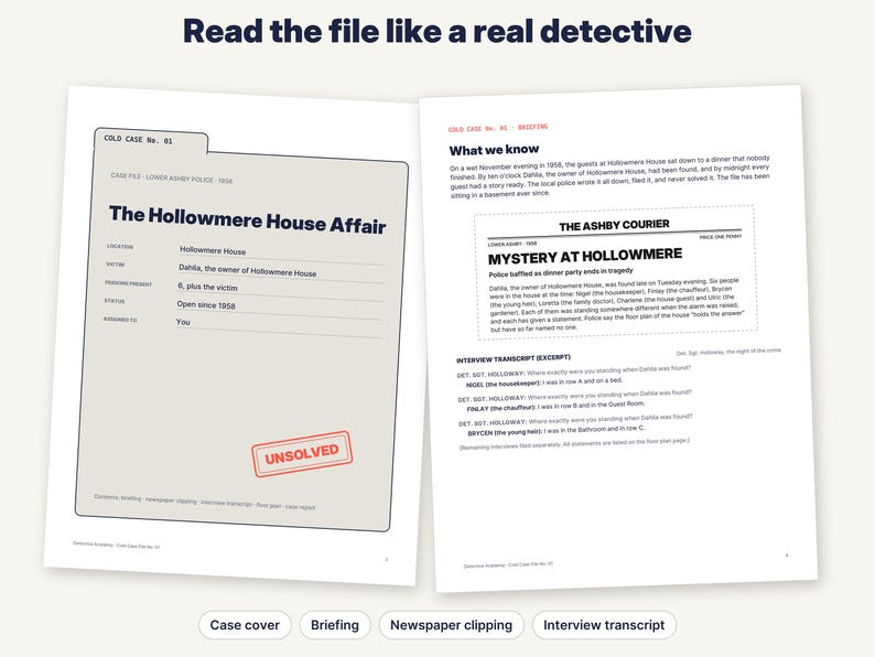 Puede incluir: Dos p&aacute;ginas blancas de un archivo de caso sin resolver titulado The Hollowmere House Affair. La p&aacute;gina izquierda es una portada de archivo con un sello rojo UNSOLVED. La p&aacute;gina derecha contiene un informe, un recorte de peri&oacute;dico y una transcripci&oacute;n.