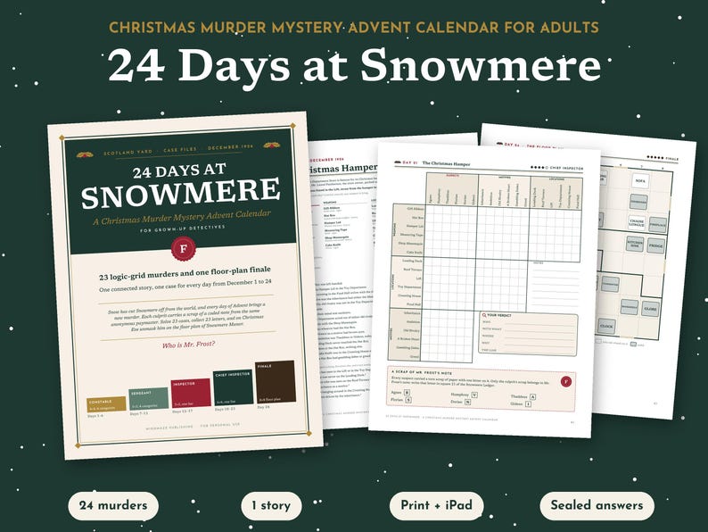 May include: A Christmas murder mystery advent calendar titled 24 Days at Snowmere, featuring a collection of printed game sheets, logic grids, and floor plans. The documents are presented in a dark green, cream, and red color scheme with text.