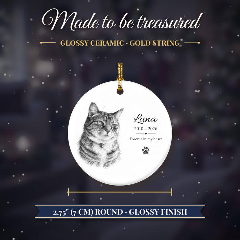 Personalized Cat Memorial Ornament from Photo, Custom Cat Portrait Sketch, Cat Memorial Gift, Pet Loss Gift, Cat Sympathy Keepsake zdjęcie 8