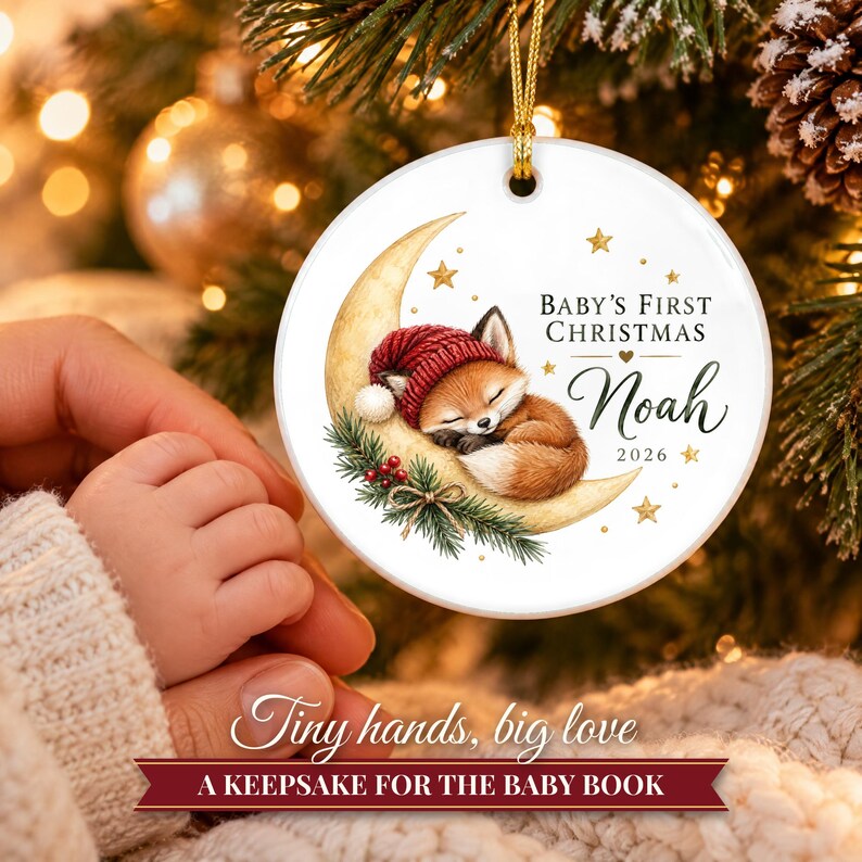 Baby First Christmas Ornament 2026, Woodland Fox on the Moon Keepsake with Name, Newborn Gift for New Parents, Nursery Decor immagine 6