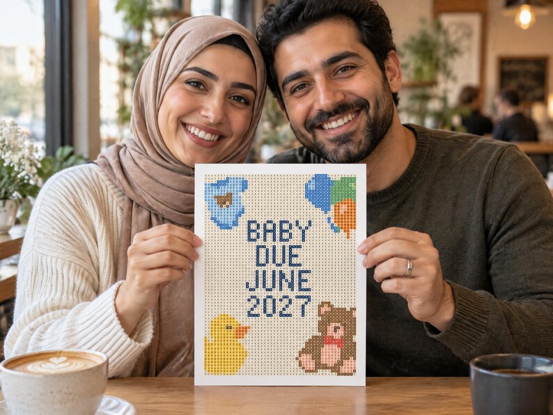 May include: A rectangular white sign featuring a pixelated cross-stitch design with the text BABY DUE JUNE 2027 in dark blue. The design includes a blue baby onesie, a cluster of blue, green, and orange balloons, a yellow rubber duck, and a brown teddy bear.