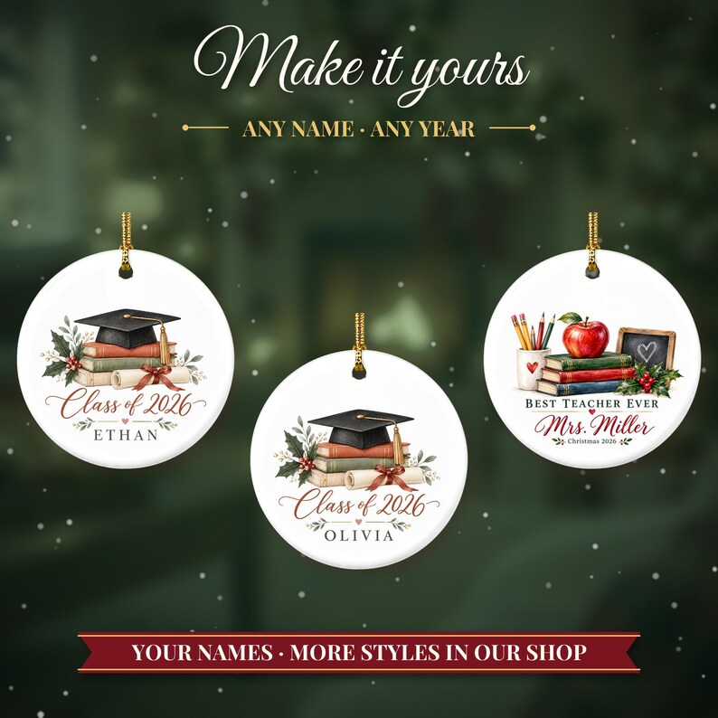 Graduation Ornament Class of 2026, Graduate Christmas Ornament with Name, College Grad Gift, High School Graduation Keepsake image 3