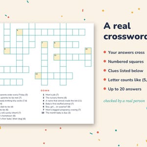 May include: A crossword puzzle game sheet with a grid of white squares, numbered boxes, and a list of clues labeled Across and Down. The text reads A real crossword, Your answers cross, Numbered squares, Clues listed below, Letter counts like (5,6), Up to 20 answers, and checked by a real person.
