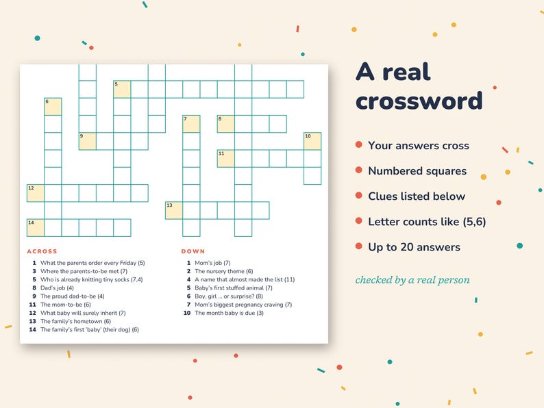 May include: A crossword puzzle game sheet with a grid of white squares, numbered boxes, and a list of clues labeled Across and Down. The text reads A real crossword, Your answers cross, Numbered squares, Clues listed below, Letter counts like (5,6), Up to 20 answers, and checked by a real person.
