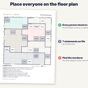 May include: A logic puzzle game sheet titled Place everyone on the floor plan, featuring a grid map of The Pier Nine Warehouse with labelled rooms, furniture icons, and a list of seven statements on file to help identify a murderer.