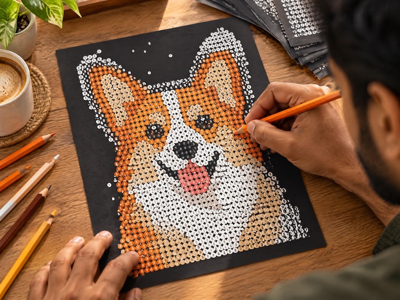 May include: A diamond painting kit featuring a portrait of a Corgi dog on a black background. The image is composed of small, numbered circular facets in shades of orange, white, and black, creating a mosaic effect of the dog's face.