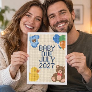 May include: A rectangular diamond painting craft project featuring the text BABY DUE JULY 2027 in dark blue. The design includes a blue baby onesie, a cluster of colorful balloons, a yellow rubber duck, and a brown teddy bear with a red bow.