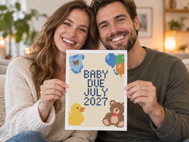 May include: A rectangular diamond painting craft project featuring the text BABY DUE JULY 2027 in dark blue. The design includes a blue baby onesie, a cluster of colorful balloons, a yellow rubber duck, and a brown teddy bear with a red bow.