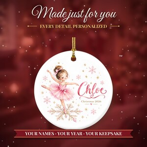 Ballerina Ornament Christmas 2026, Ballet Gift for Girls, Dancer Name Keepsake, Pink Tutu Snowflake Dance Recital Ceramic Tree Ornament image 2