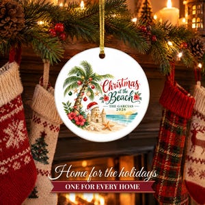 Beach Christmas Ornament 2026, Coastal Family Vacation Keepsake, Holidays at the Beach Custom Name Decor, Palm Tree Starfish Ceramic Gift 画像 10