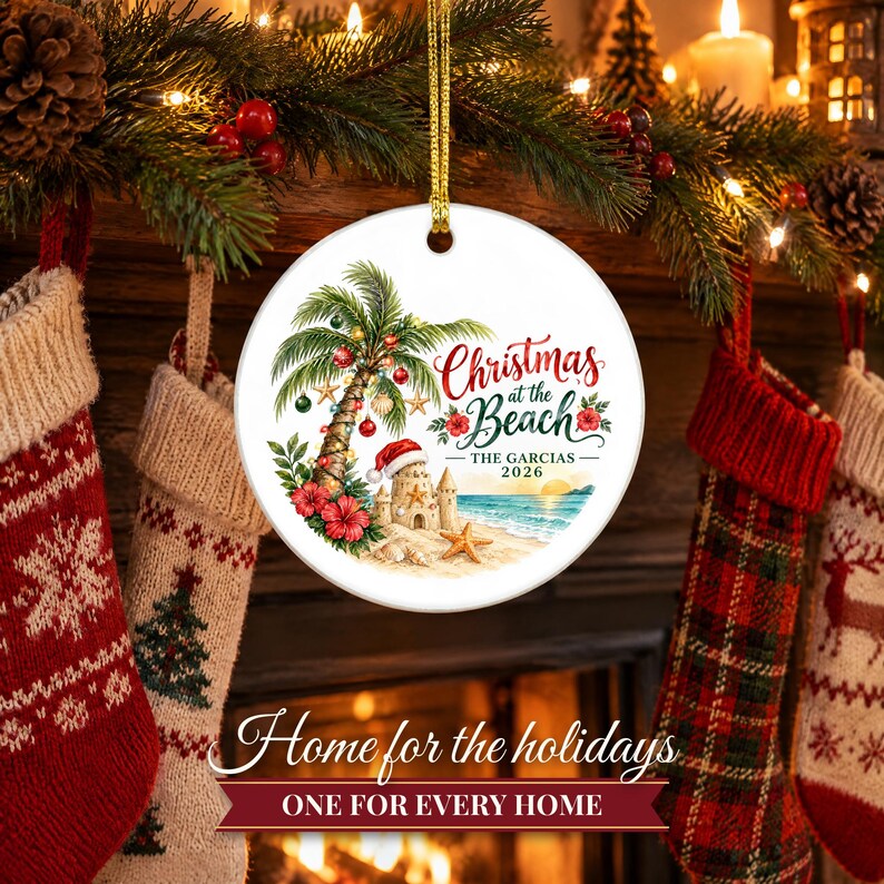 Beach Christmas Ornament 2026, Coastal Family Vacation Keepsake, Holidays at the Beach Custom Name Decor, Palm Tree Starfish Ceramic Gift 画像 10