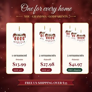 May include: Round white ceramic ornaments featuring a festive illustration of four red Christmas stockings hanging from a green pine branch with red bows. The text reads Our First Christmas As A Family Of Four 2024.