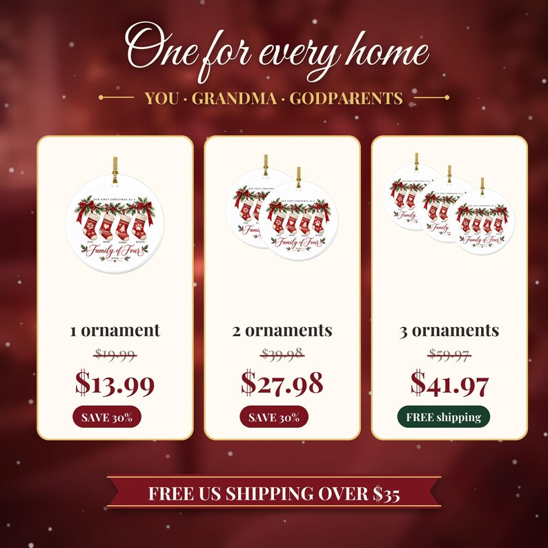 May include: Round white ceramic ornaments featuring a festive illustration of four red Christmas stockings hanging from a green pine branch with red bows. The text reads Our First Christmas As A Family Of Four 2024.