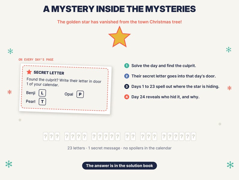 May include: A mystery game instruction sheet titled A MYSTERY INSIDE THE MYSTERIES with a golden star graphic. It explains how to solve daily puzzles, find secret letters, and reveal a hidden message across 24 days, ending with a solution book.
